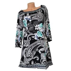 White House Black Market XL Paisley Floral Boat Neck 3/4 Sleeve Shift Dress Teal